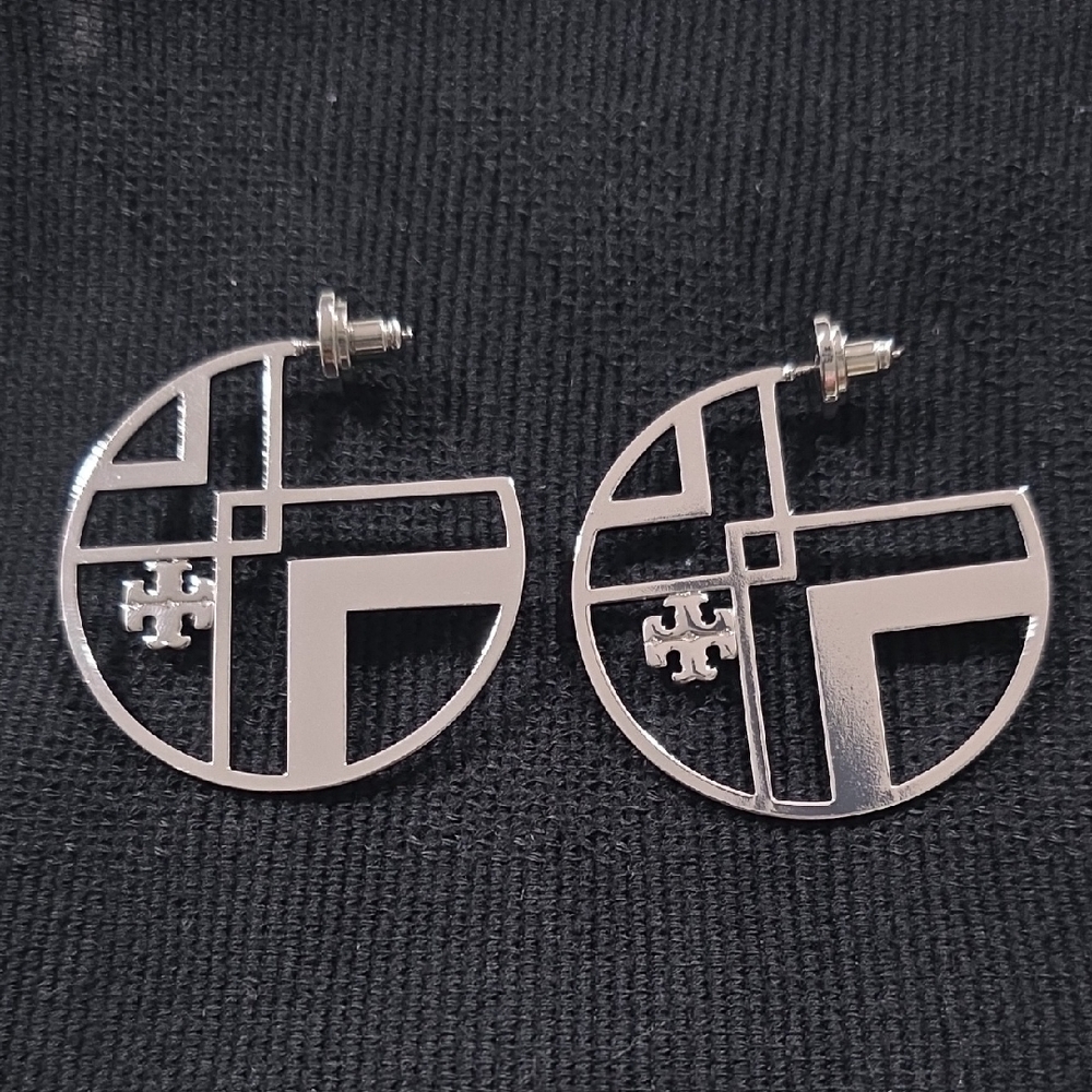 Tory Burch Double T Silver Geometric Earrings